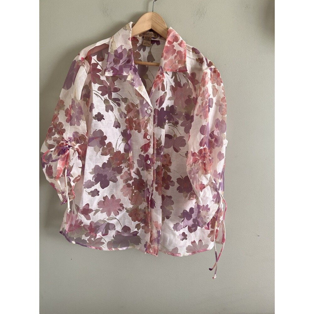 Notations Women's Floral Satin Blouse Size 1X Button-Up Collared Sheer Shirt